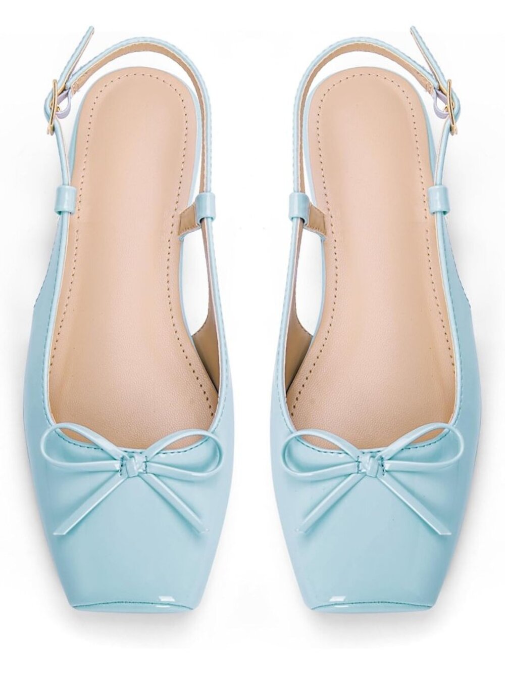 Women's Baby Blue Slingback Square Toe Bow Knit Ankle Buckle Satin Ballet Flats
